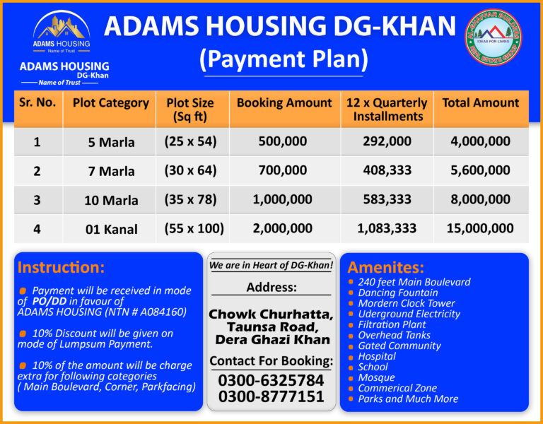 Adams Housing Dg-Khan Payment plan
